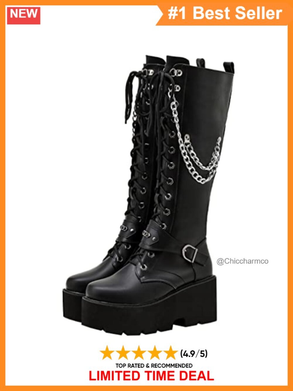 Knee High Combat Boots Lace Up Platform Goth PU